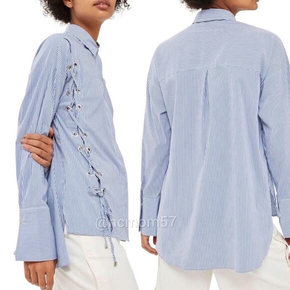 Topshop Blue Striped Lace Up Detail Button Down Top - Picture 2 of 7